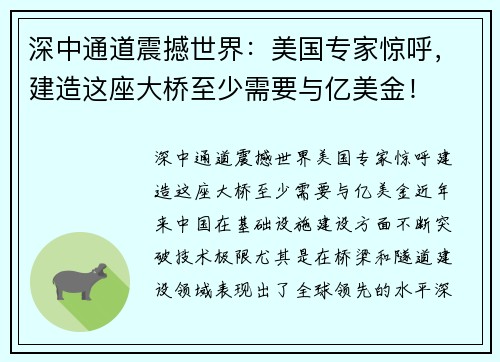 深中通道震撼世界：美国专家惊呼，建造这座大桥至少需要与亿美金！