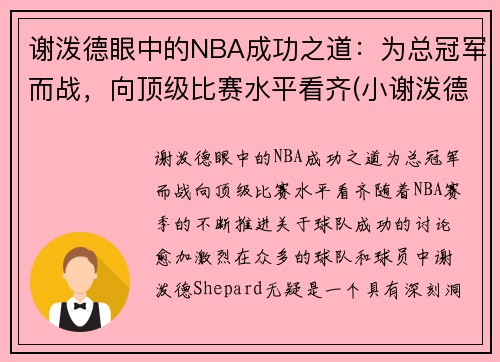 谢泼德眼中的NBA成功之道：为总冠军而战，向顶级比赛水平看齐(小谢泼德)